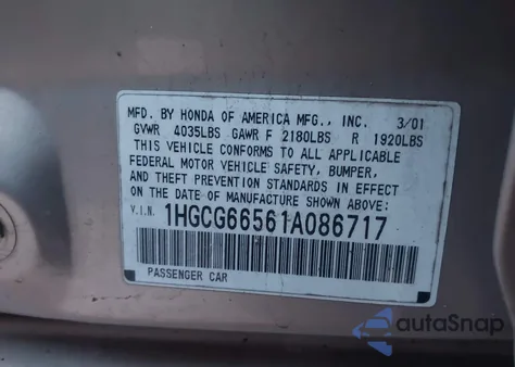 2001 Honda Accord 2.3 Lx z USA, uszkodzony, nr VIN 1HGCG66561A086717